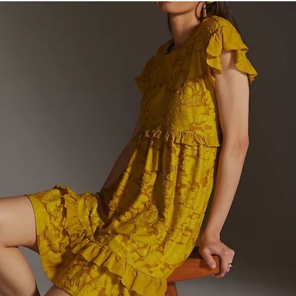 Anthropologie Ruffle Knit Swing Mini Chartreuse Dress NWT Size Large - Picture 4 of 9